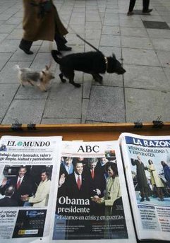 Newsstand in Madrid, Spain. Barack Obama's presidential inauguration dominates international newsstands.