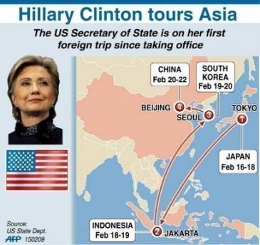 Secretary of State Hillary Clinton begins her first foreign visit as Secretary with a tour of Asia including her first stop in Japan. Clinton will also visit Indonesia, South Korea, and China in the one-week tour.