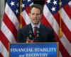 Timothy Geithner gives his first press conference as Secretary Treasurer in the Cash Room of the Treasury Department.