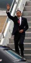 President Barack Obama arrives on Air Force One in Elkhart, Indiana for a town hall meeting.
