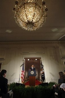 President Barack Obama hold his first news conference as President in the East Room of the White House. The questions centered mostly on the President's economic stimulus package and the urgency of passing the financial bill.