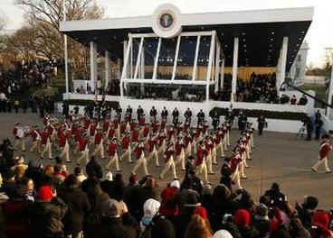 The US Military Honor Guard, in revolutionary attire, are one of many military marching bands in the Inaugural Parade. 