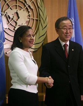 United Nations Secretary General Ban Ki-Moon meets Susan Rice Rice, the new US Ambassador to the UN, discusses Iran at UN press conference. Rice said US is open to diplomatic discussions with Iran if they "unclenched their fists."