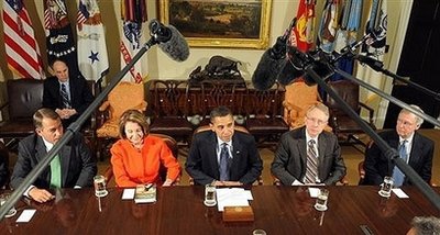 President Obama meets with key Congressional leaders in the Roosevelt Room of the White House to discuss economic issues. Representatives who attended the meeting include Speaker of the House Nancy Pelosi, Senate Minority Leader Mitch McConnell, House Minority Leader John Boehner, and Senate Majority Leader Harry Reid.
