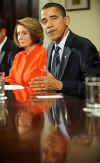 Speaker of the House Nancy Pelosi sits next to Obama. President Obama meets with key Congressional leaders in the Roosevelt Room of the White House to discuss economic issues.