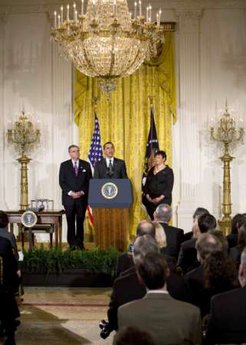 President Obama speaks after signing an Executive Order in the East Room of the White House with Secretary of Transportation Ray LaHood and APA administrator Lisa Jackson. The order is designed to spur on the development of fuel efficient cars to help the US be less dependant on foreign oil. Tis order is part of Obama's initiative to combat climate change