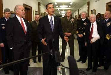 President Barack Obama speaks after he visits the Pentagon for a meeting with the Joint Chiefs of Staff.