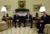 President Barack Obama meets with the press in the Oval Office of the White House. With Treasury Secretary Timothy Geithner at his side, Obama was visibly upset with Wall Street's recent multi-billion dollar bonuses to top executives. President Obama called Wall Street bonuses as "shameful" and irresponsible.