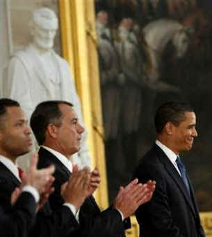 President Barack Obama is introduced  in the Rotunda of the US Capitol in Washington, DC on February 12, 2009 during the Lincoln Bicentennial Congressional Celebrations honoring the 1809 birth of President Abraham Lincoln.