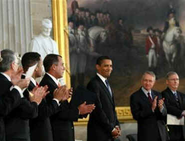 President Barack Obama is introduced  in the Rotunda of the US Capitol in Washington, DC on February 12, 2009 during the Lincoln Bicentennial Congressional Celebrations honoring the 1809 birth of President Abraham Lincoln.