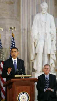 Two years after announcing candidacy in February 2007, on February 12, 2009 President Obama speaks on Lincoln's Birthday at the Capitol.