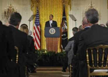 President Barack Obama speaks to the Business Council comprising of the leaders of US corporations to outline President Obama's economic plan set at $787 billion. Obama spoke in the East Room of the White House on February 13, 2009.