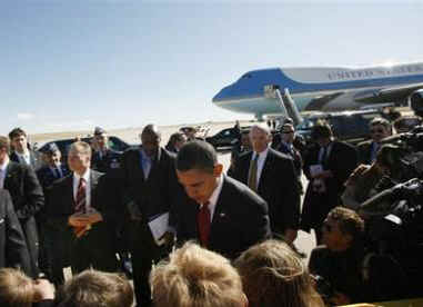 President Obama is greeted by supporters at Buckley Air Force Base near Denver.