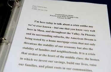 President Barack Obama speaks on his plans to assist struggling homeowners who are facing foreclosure. President Obama spoke at the Dobson High school in Mesa, Arizona on February 18, 2009. Photo of front page of speech (center left photo).