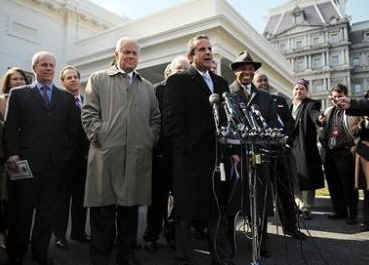 Mayors speak to the media after the Conference of Mayors at the White House. Speaking is Miami Mayor Manuel Diaz.