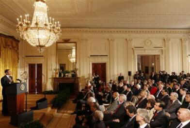 President Obama speaks with America's city mayors at the Conference of Mayors held in the East Room of the White House. President Obama discussed the responsibility of mayors to ensure stimulus money is spent without corruption.