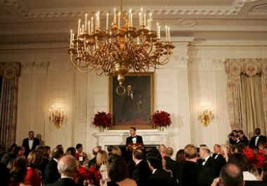 President Barack Obama and Michelle Obama host a dinner for US Governors in the State Dining Room of the White House. After the dinner and President Obama's remarks the Governors attended entertainment in the East Room of the White House.