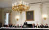 President Obama addresses Governors in the State Dining Room of the White House. Governors are attending the National Governor's Association conference. Vice President Joe Biden and Treasury Secretary Tim Geithner also attended. The economic stimulus package was the focus of discussions between the White House and the Governors.