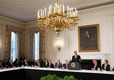 President Obama addresses Governors in the State Dining Room of the White House. Governors are attending the National Governor's Association conference. Vice President Joe Biden and Treasury Secretary Tim Geithner also attended. The economic stimulus package was the focus of discussions between the White House and the Governors.