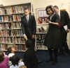 First Lady Michelle Obama and President Barack Obama meet with second graders at Capitol City Public Charter School. The President and First Lady read the children a book on the Apollo 11 moon landing called "Moon Over Star" on February 3, 2009.