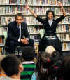 First Lady Michelle Obama and President Barack Obama meet with second graders at Capitol City Public Charter School. The President and First Lady read the children a book on the Apollo 11 moon landing called "Moon Over Star" on February 3, 2009.