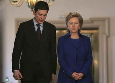 US Secretary of State Hillary Rodham Clinton meets with David Miliband the UK Secretary of State for Foreign and Commonwealth Affairs at the US State Department in Washington on February 3, 2009.