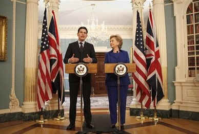 US Secretary of State Hillary Rodham Clinton meets with David Miliband the UK Secretary of State for Foreign and Commonwealth Affairs at the US State Department in Washington on February 3, 2009.
