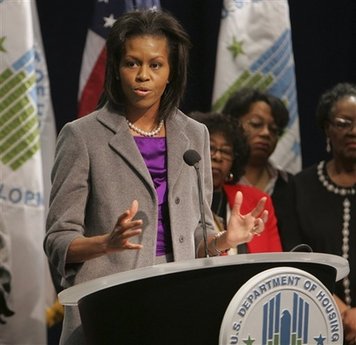 First Lady Michelle Obama continues her commitment to meet department staffers. The First Lady speaks at the Department of Housing and Urban Development in Washington on February 4, 2009.