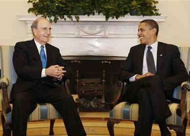 President Barack Obama meets with Middle East envoy George Mitchell and Secretary of State Hillary Rodham Clinton in the Oval Office of the White House to discuss the "next steps" after Mitchell's Mid-East tour the previous week.