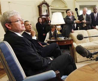 President Barack Obama meets with Australian Prime Minister Kevin Rudd in the Oval Office of the White House. 