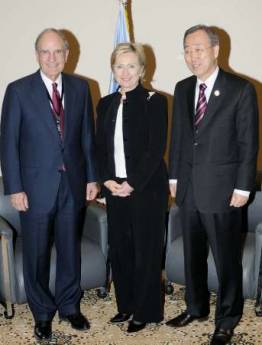 Clinton and Mitchell  with UN Secretary-General Ban Ki-moon. Secretary of State Hillary Clinton and US Special Envoy to the Middle East George Mitchell travel to the Egyptian Red Sea resort for the International Conference in Support of the Palestinian Economy for the Reconstruction of Gaza.