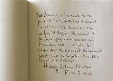 Secretary of State Hillary Clinton visits the Yad Vashem Holocaust Hall of Remembrance and wrote a message in the museum guest book. 