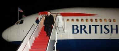 UK Prime Minister Gordon Brown arrives at Andrews Air Force Base on a snowy evening in Washington on March 2, 2009.