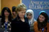 Secretary of State Hillary Clinton meets with students at the English Access Microscholarship program in the West Bank town of Ramallah.