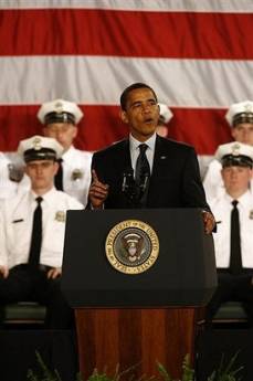 President Barack Obama speaks to the 114th Recruit Class of the Columbus Police Department at the Aladdin Shrine Center 