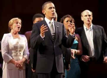 President Obama surprised the audience when he joined entertainers onstage to sing Happy Birthday to Senator Kennedy who attended with his wife Victoria.
