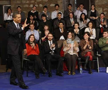President Barack Obama holds a town hall style meeting with students at the Tophane Cultural center in Istanbul, Turkey.