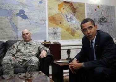 President Barack Obama meets with General Ray Odierno and National Security Advisor James Jones at Camp Victory.