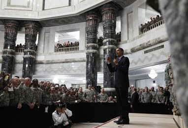 resident Obama speaks to US military personnel at Camp Victory in Baghdad Iraq on April 7, 2009.