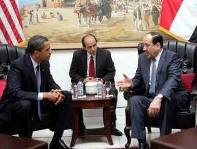 President Barack Obama meets with Iraq's Prime Minister Niri al-Maliki in Baghdad, Iraq.