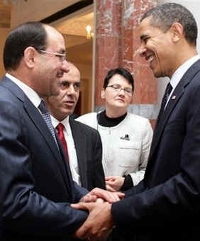 President Barack Obama meets with Iraq's Prime Minister Niri al-Maliki in Baghdad, Iraq.