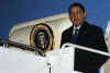 President Barack Obama returns to the US on Air Force One and arrives at Andrews Air Force Base on April 8, 2009.