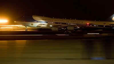 President Barack Obama returns to the US on Air Force One and arrives at Andrews Air Force Base on April 8, 2009.