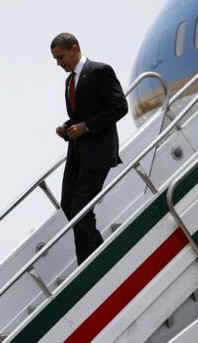 President Barack Obama in Air Force One lands at Benito Juarez International Airport in Mexico City on April 16, 2009.