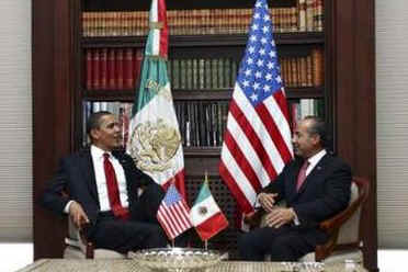 President Barack Obama meets with Mexico's President Felipe Calderon at Los Pinos the official residence of the Mexican President.
