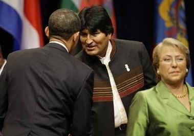 President Obama talks with Bolivian President Evo Morales.