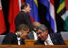 President Obama talks with Costa Rica's President Oscar Arias.