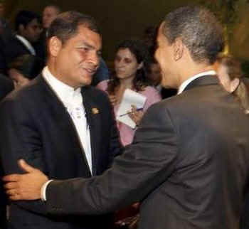 President Obama talks to Ecuador's President Rafael Correa.