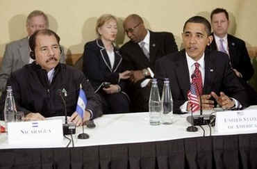 President Obama, with Secretary of State Hillary Clinton sitting behind him, sat next to Nicaragua's President Daniel Ortega.