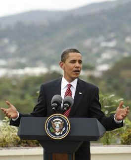 President Obama speaks at a news conference on the rooftop of his hotel in Port of Spain, Trinidad and Tobago on April 19, 2009.